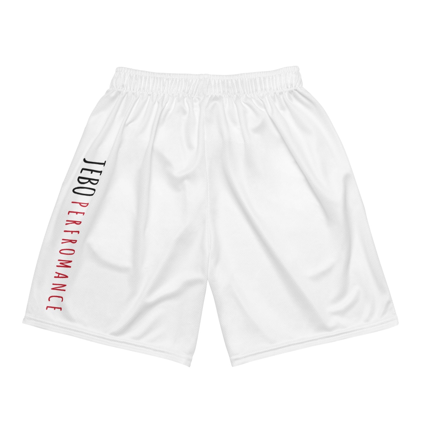 White mesh shorts with elastic waist and side logo text print
