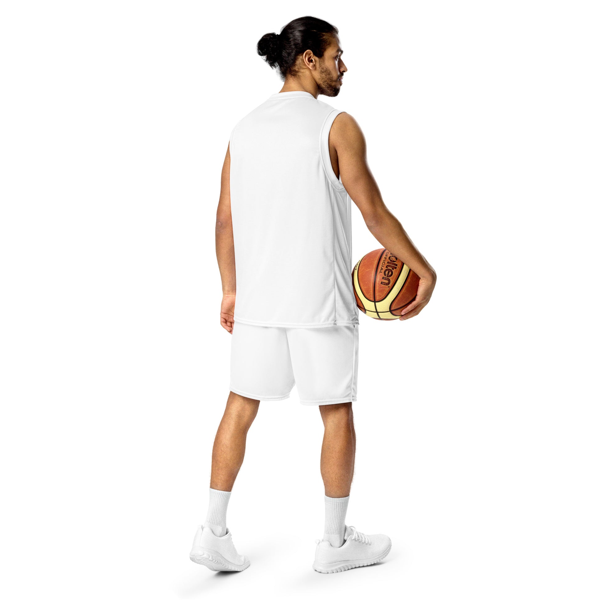 White mesh shorts on model, back view with side logo and knee-length hem