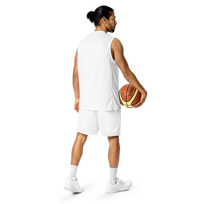 White mesh shorts on model, back view with side logo and knee-length hem
