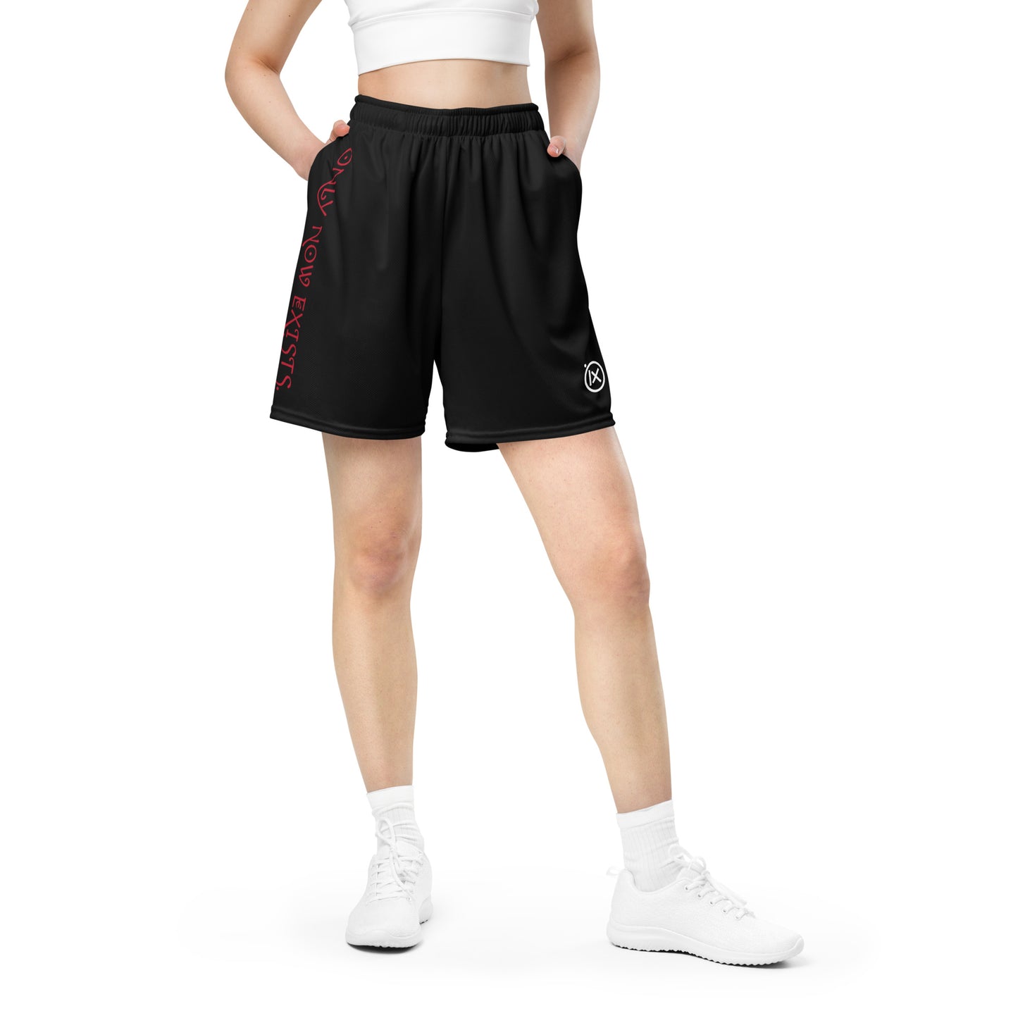 Black performance mesh short with elastic waistband and side logo print on leg