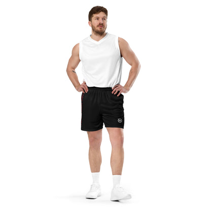 Black performance mesh short worn by model, elastic waistband and side logo patch