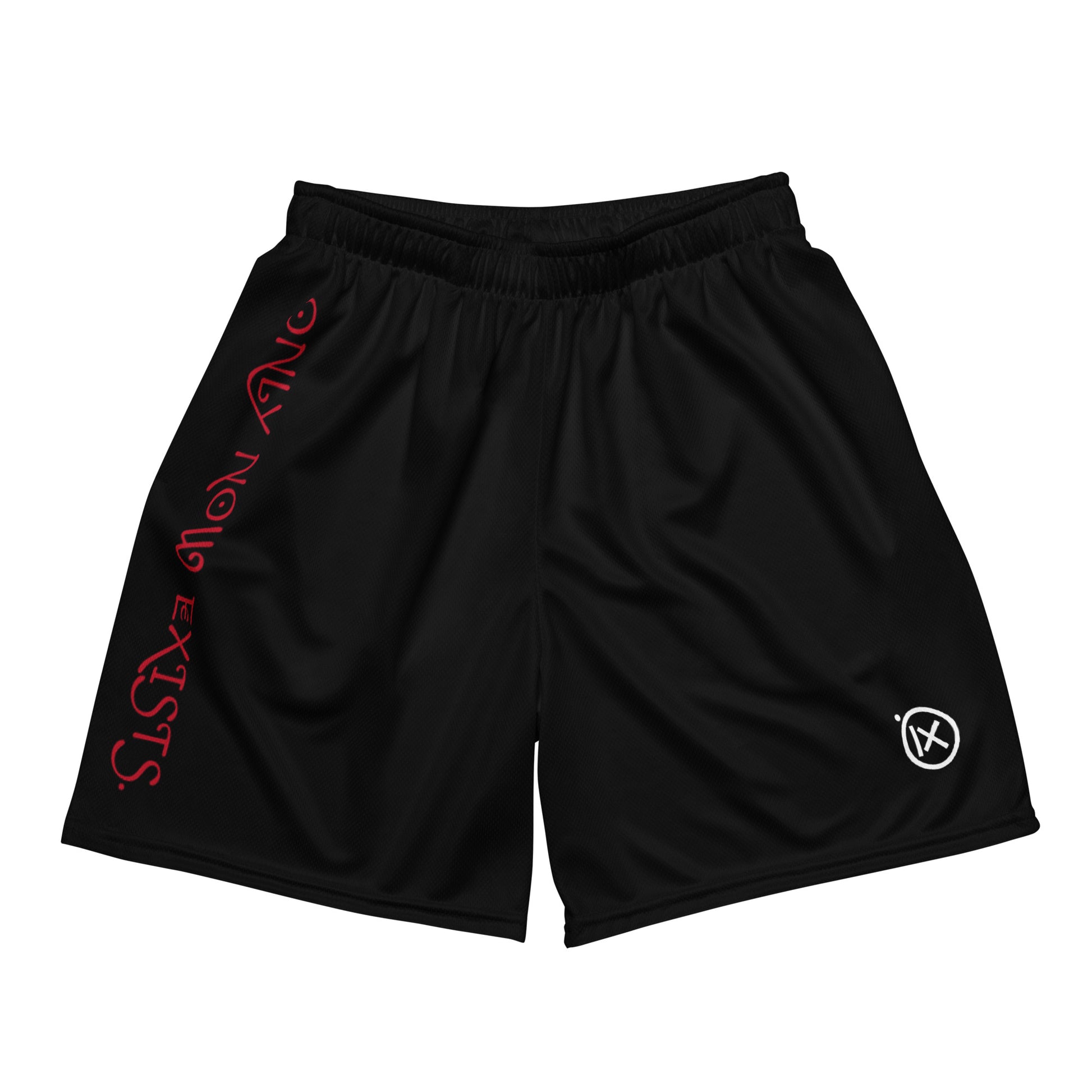 Black performance mesh short with elastic waistband and red side logo text