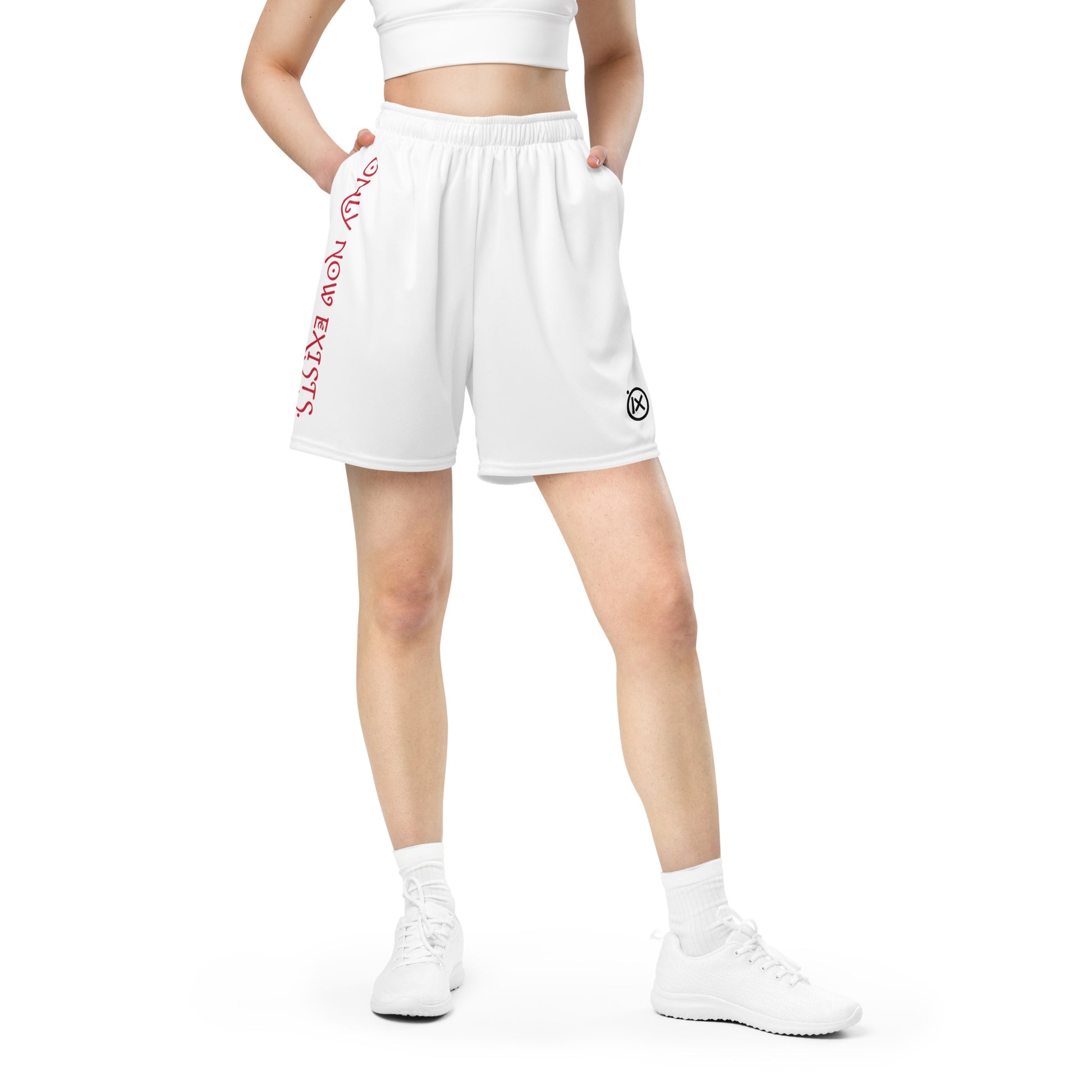 White performance mesh short on model with elastic waistband and side logo