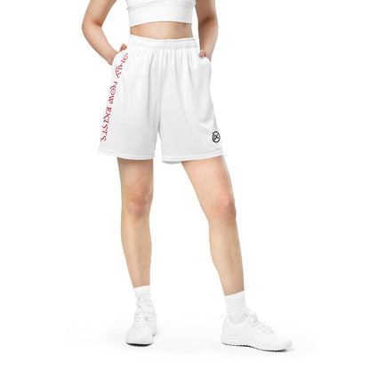 White performance mesh short on model with elastic waistband and side logo