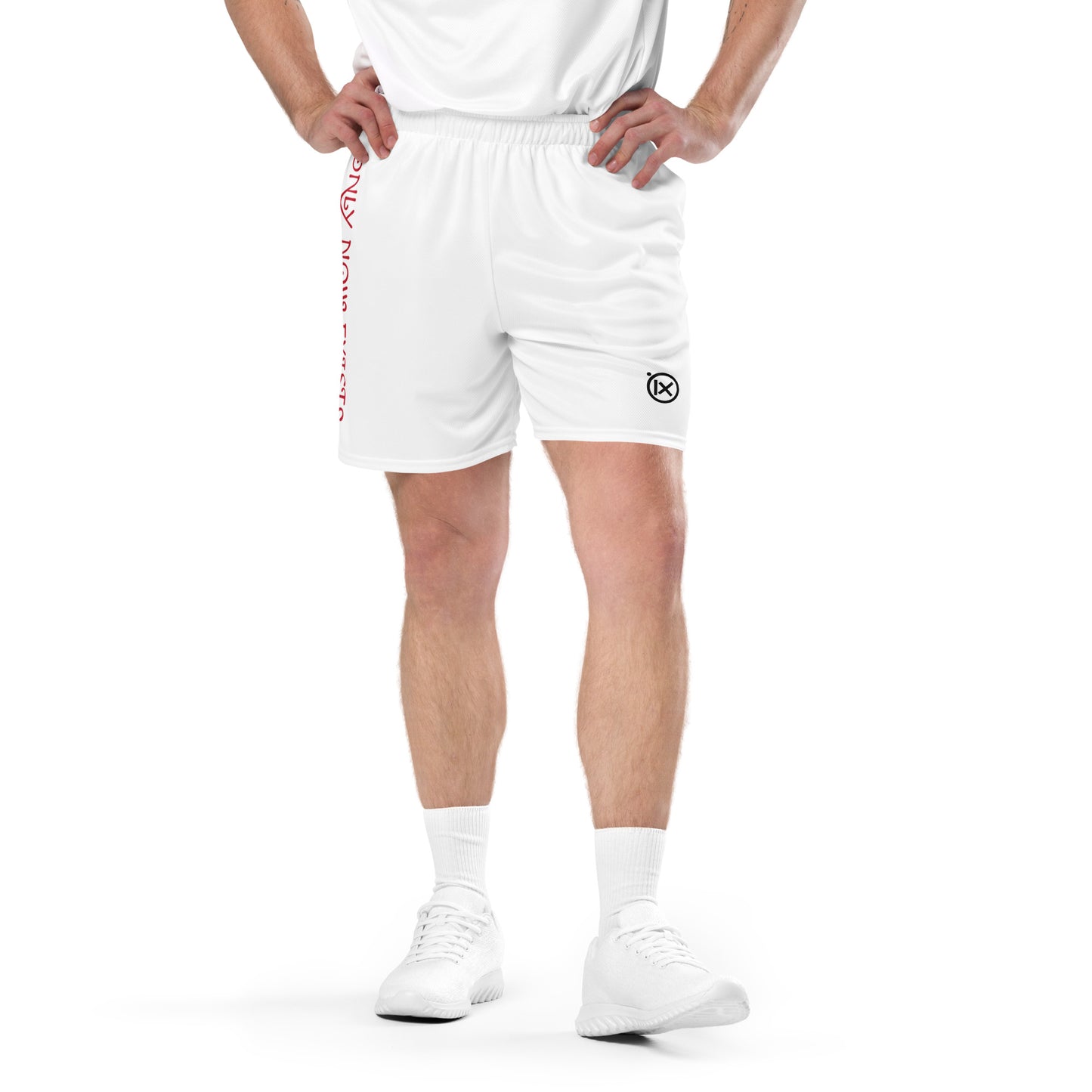 White performance mesh short close-up with elastic waistband and side logo print