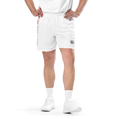 White performance mesh short close-up with elastic waistband and side logo print