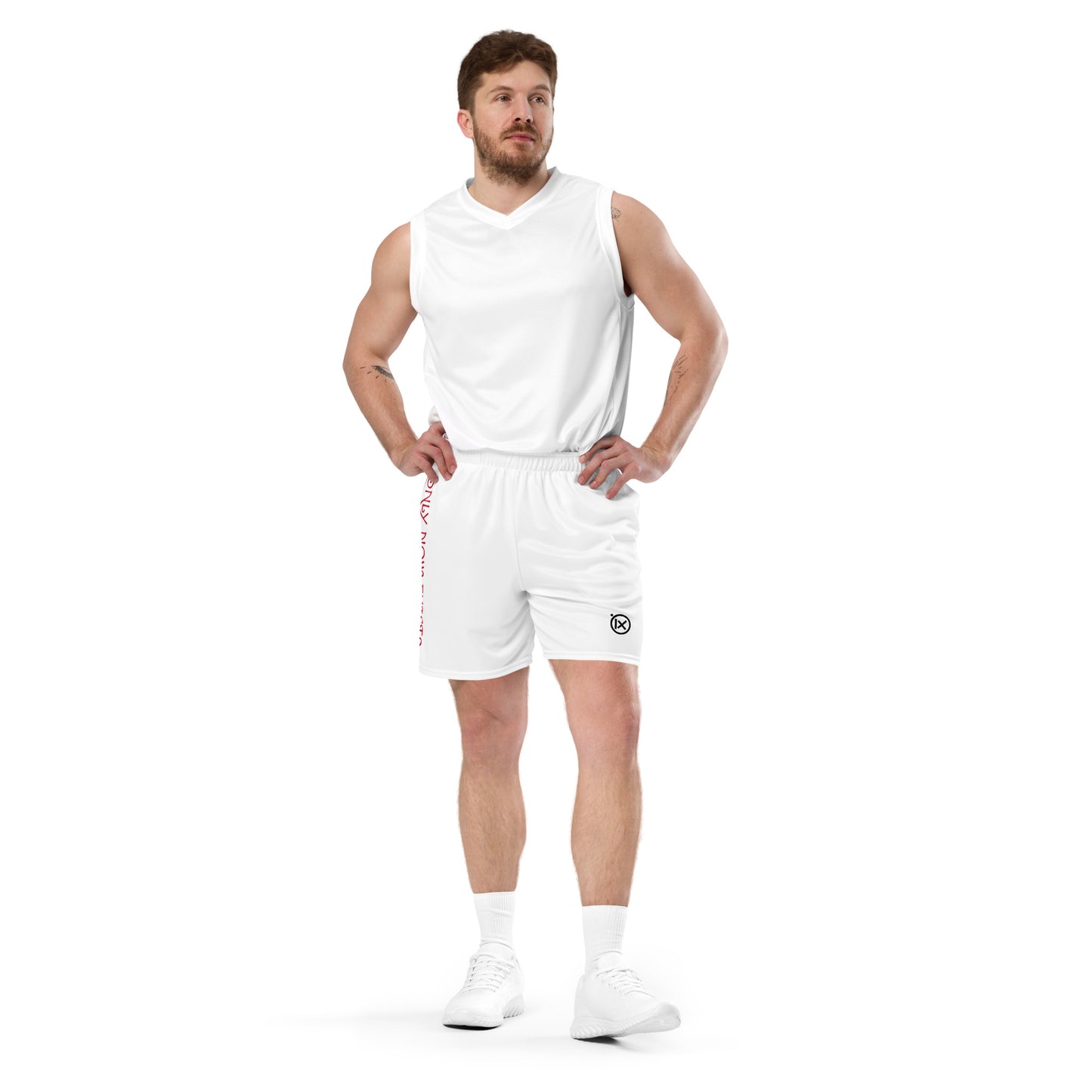 White performance mesh short on model with elastic waistband and side logo print