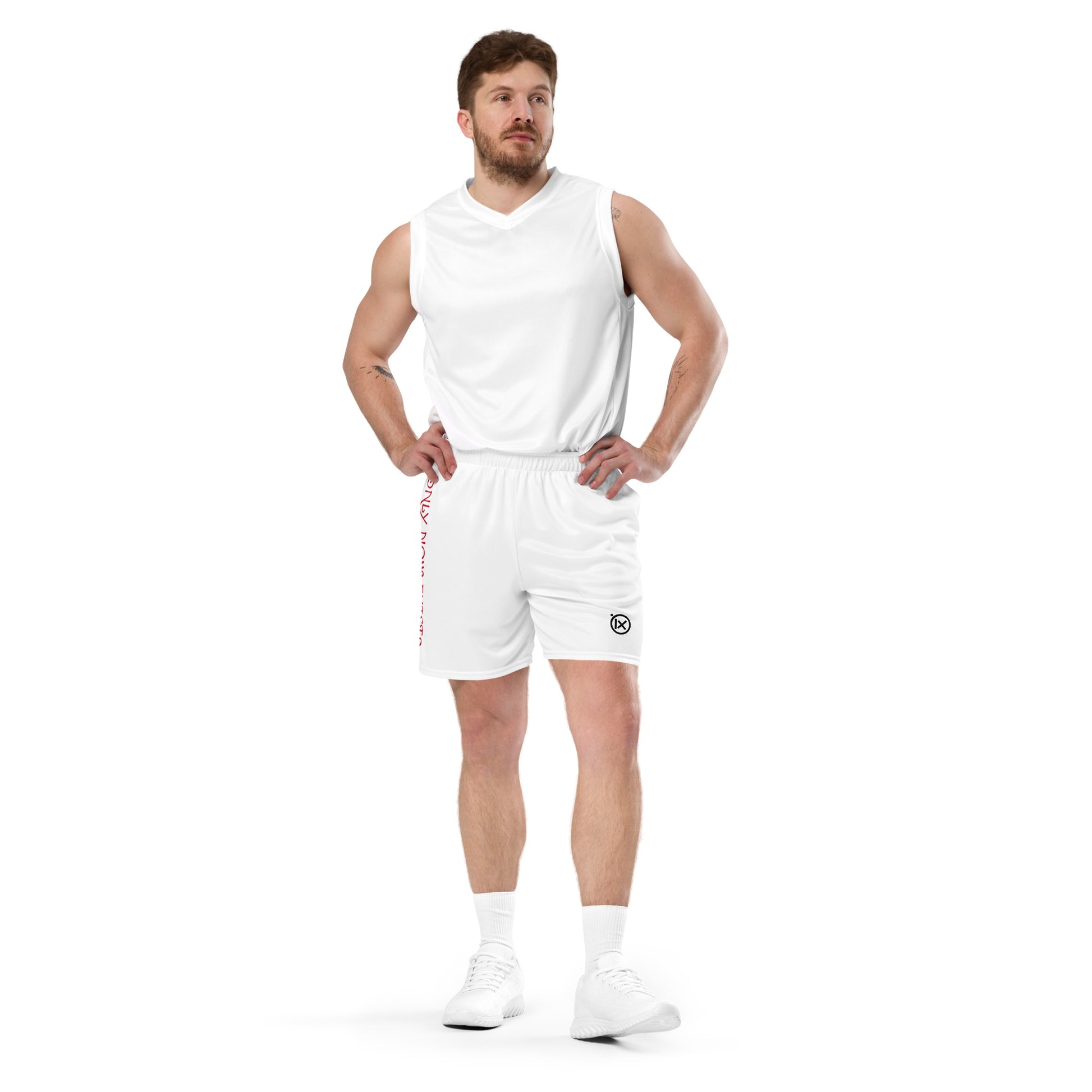 White performance mesh short on model with elastic waistband and side logo print