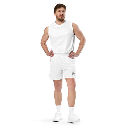 White performance mesh short on model with elastic waistband and side logo print