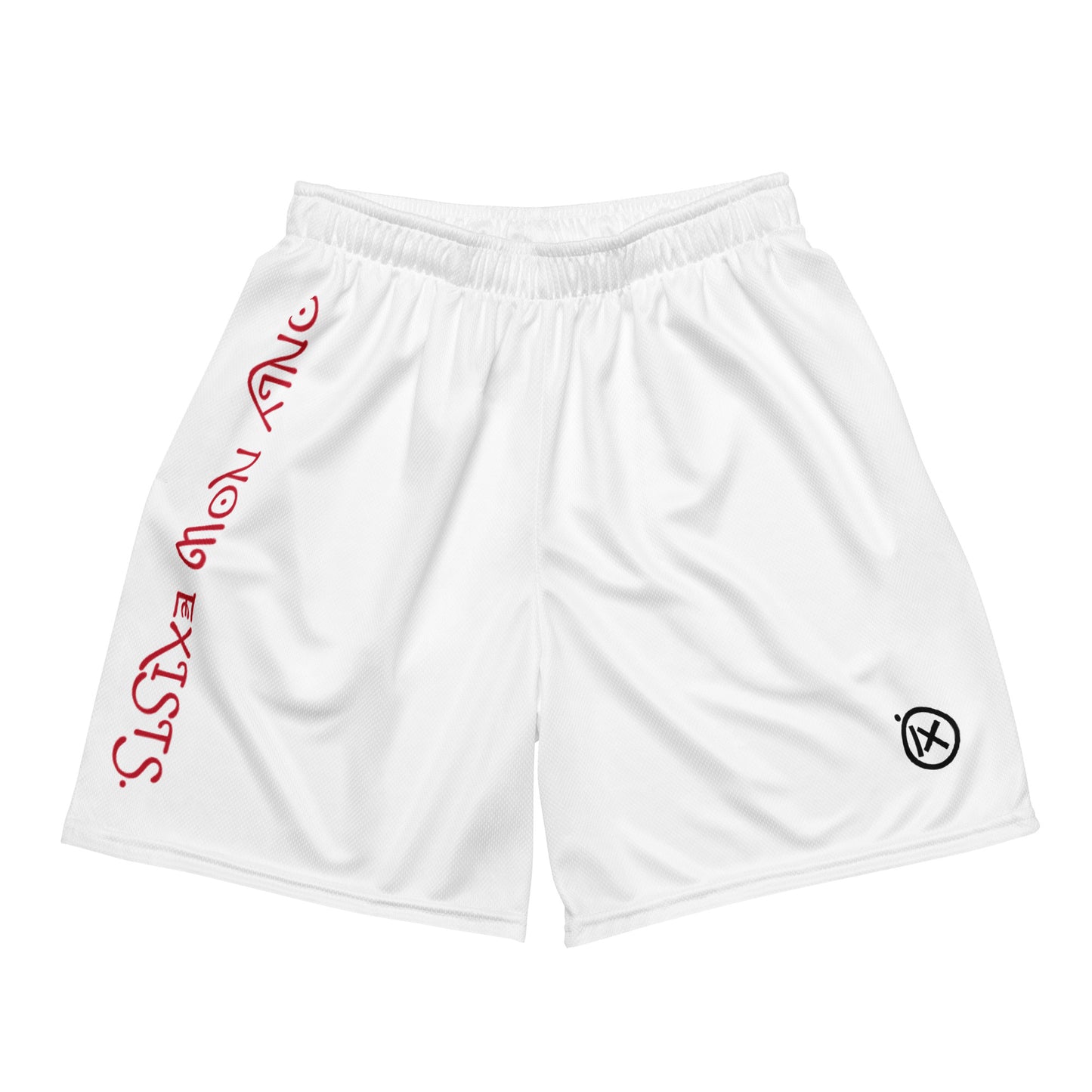 White performance mesh shorts with elastic waist and side logo prints