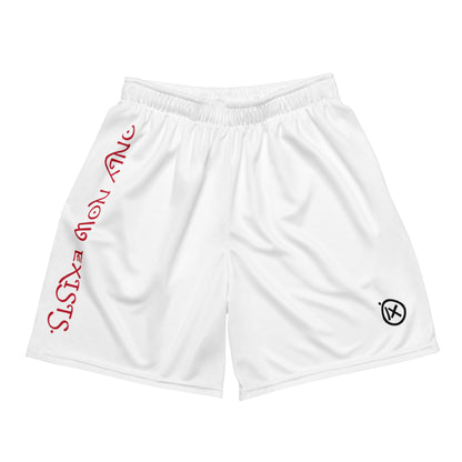 White performance mesh shorts with elastic waist and side logo prints