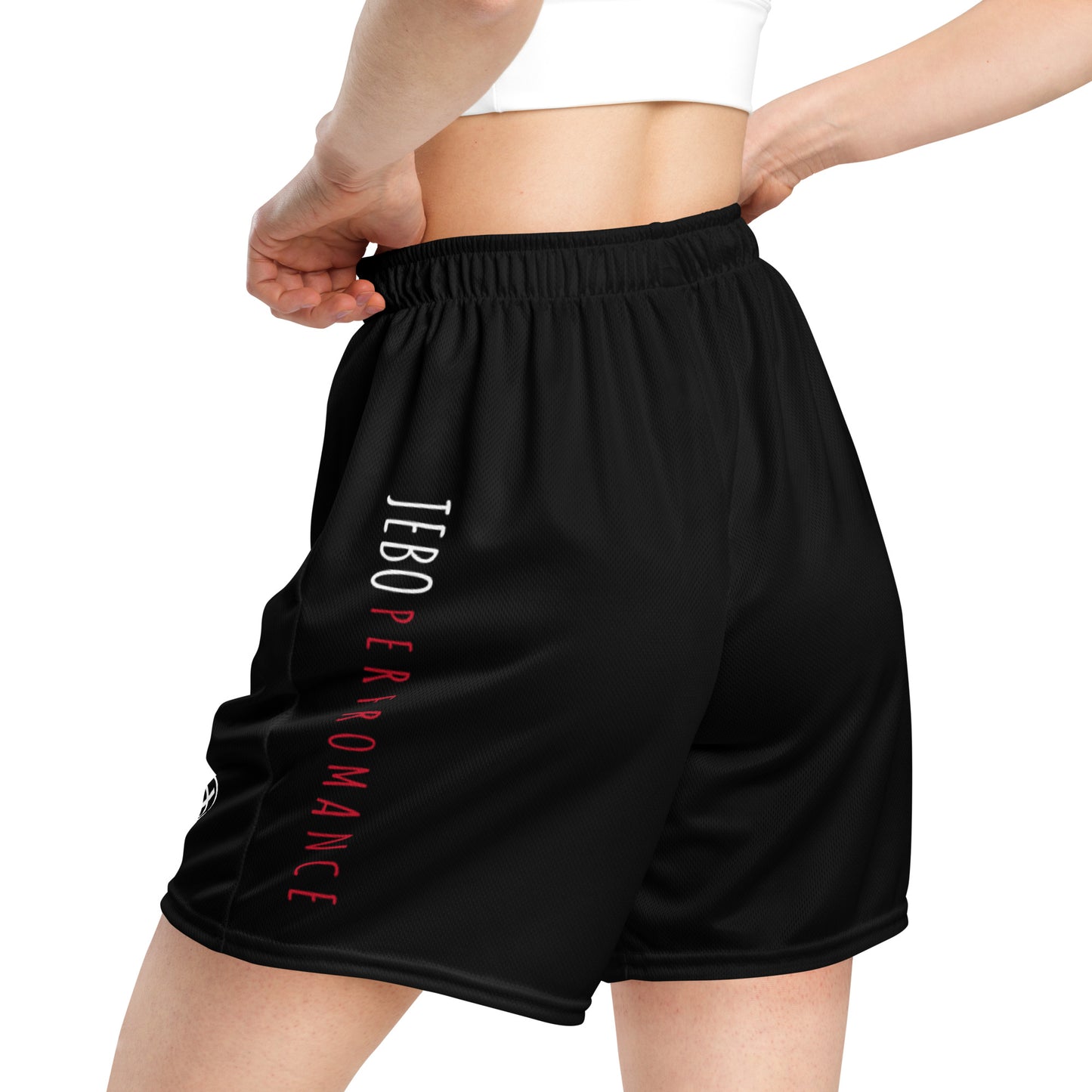 Performance mesh short with elastic waistband and red/white logo on black