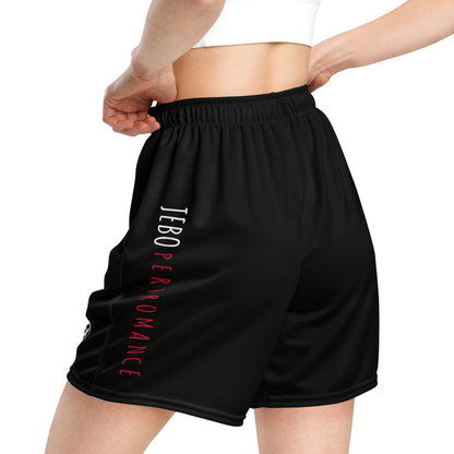 Performance mesh short with elastic waistband and red/white logo on black