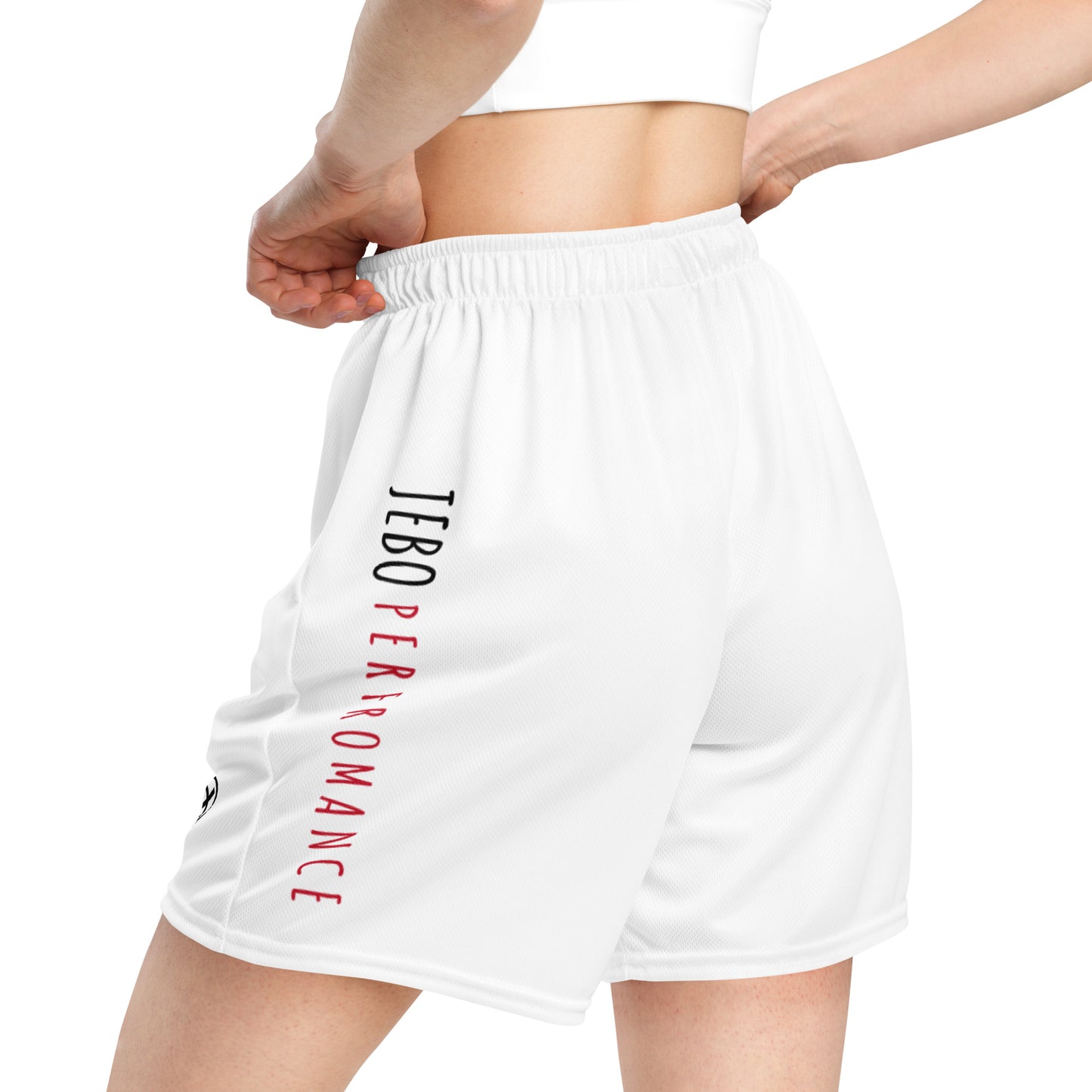 White performance mesh short with elastic waistband and vertical side text print