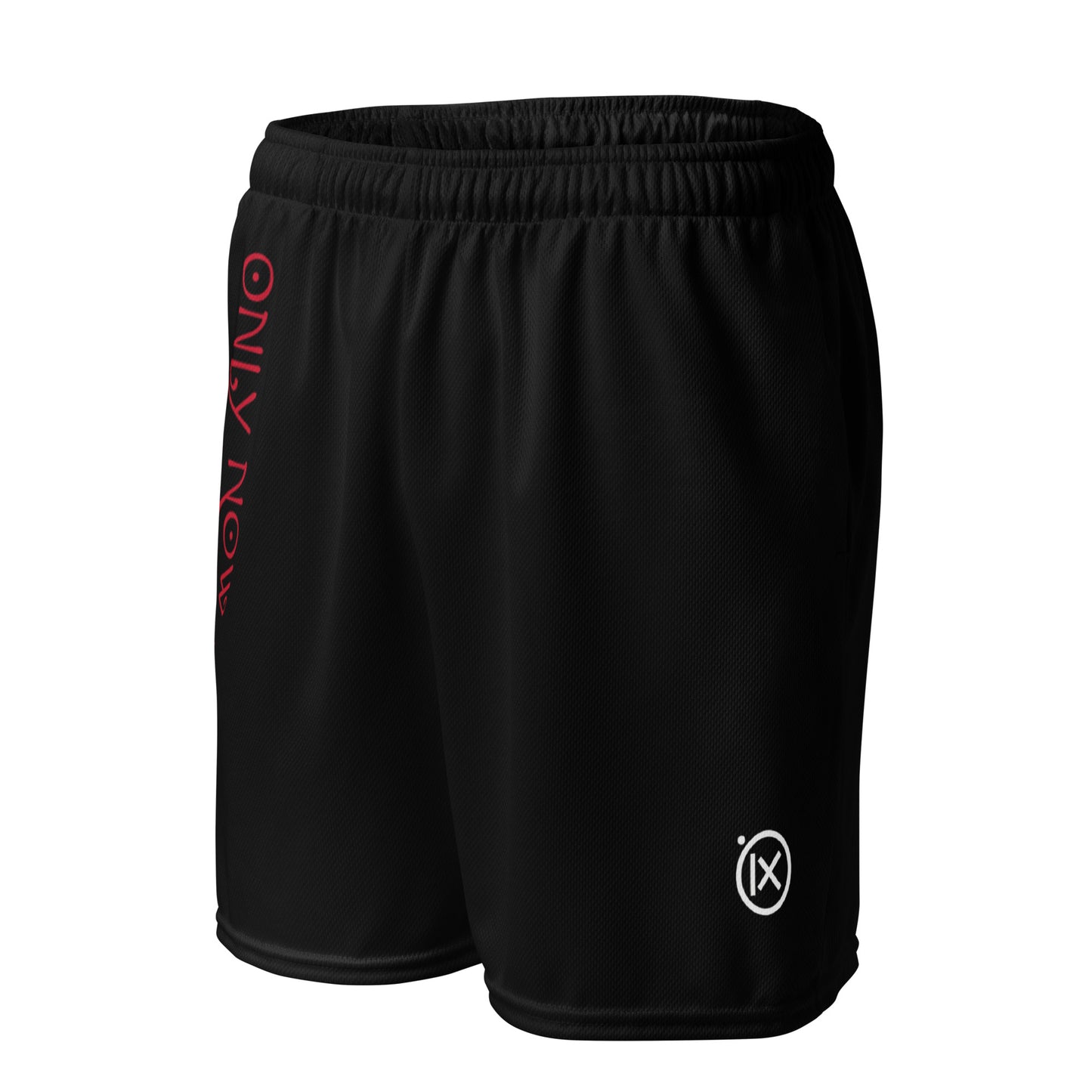 Black performance mesh short with elastic waistband and side branding detail on leg
