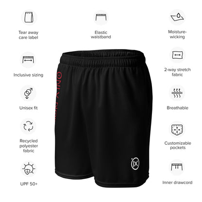 Black performance mesh short with elastic waistband, breathable fabric, moisture-wicking finish