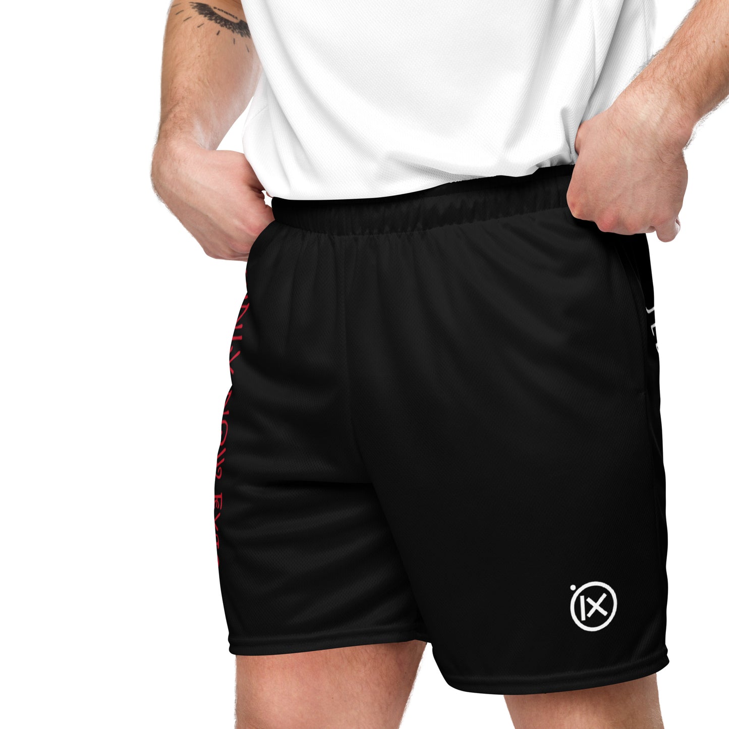 Black performance mesh short with stretch fabric drape and side logo patch