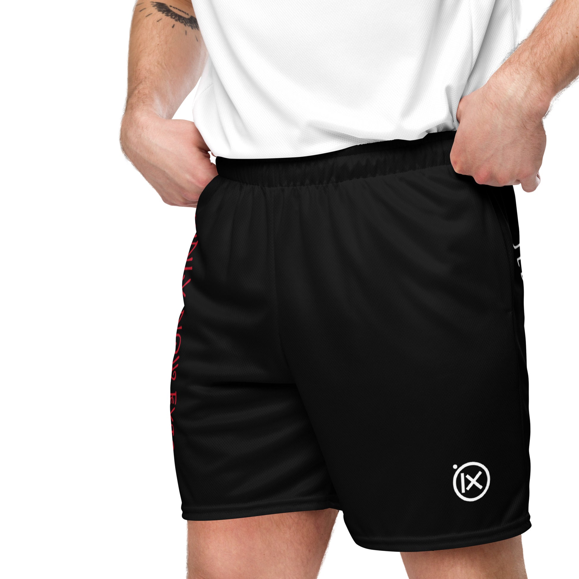 Black performance mesh short with stretch fabric drape and side logo patch