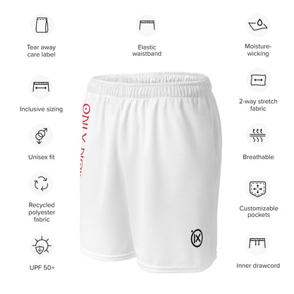White performance mesh short front view with elastic waistband and side emblem