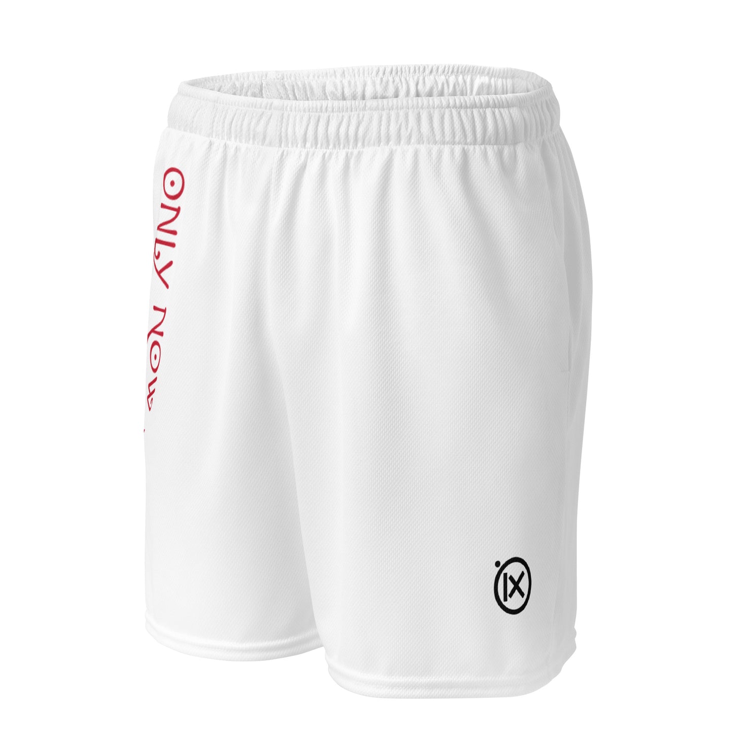 White performance mesh short side view with vertical red logo text and ix emblem