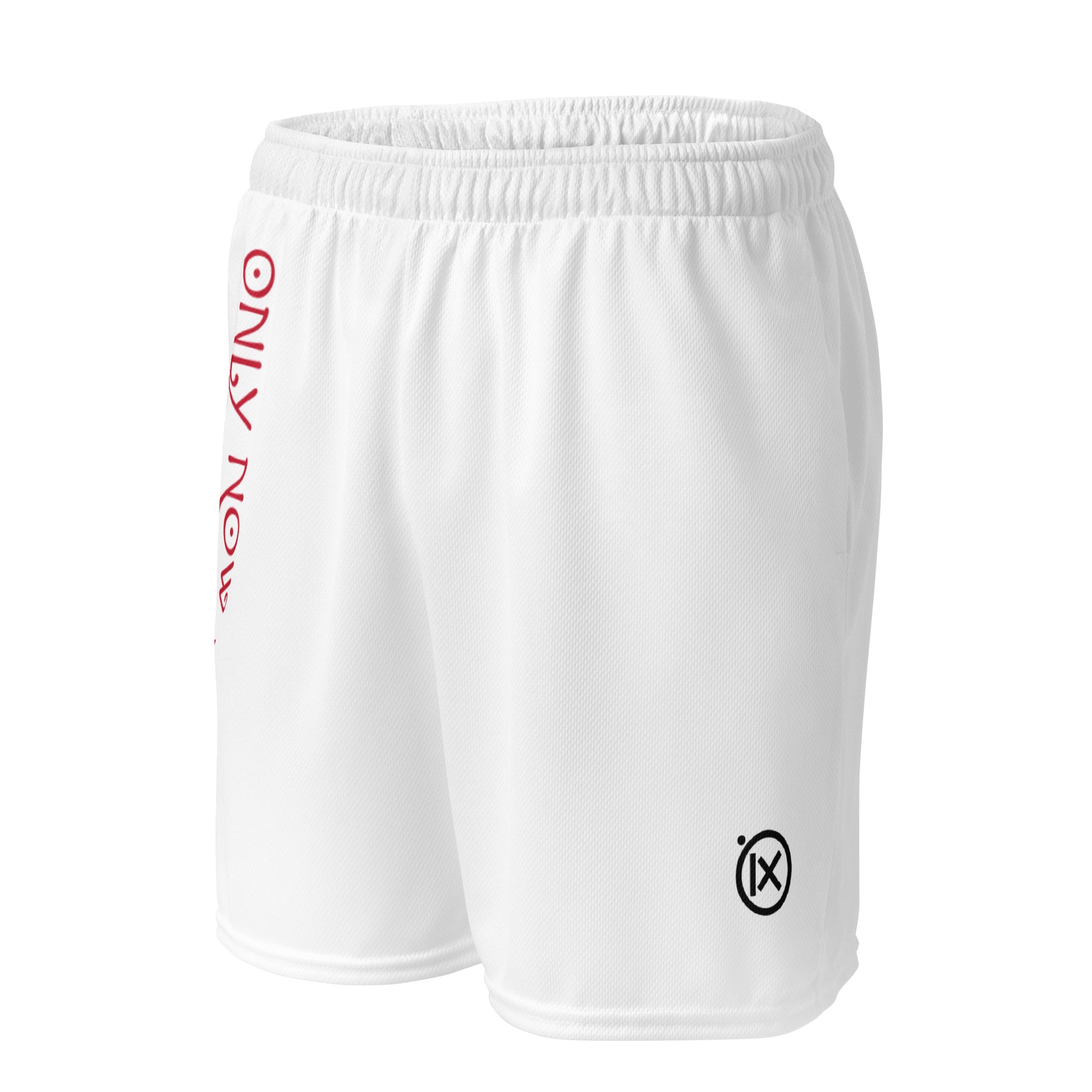 White performance mesh short side view with vertical red logo text and ix emblem