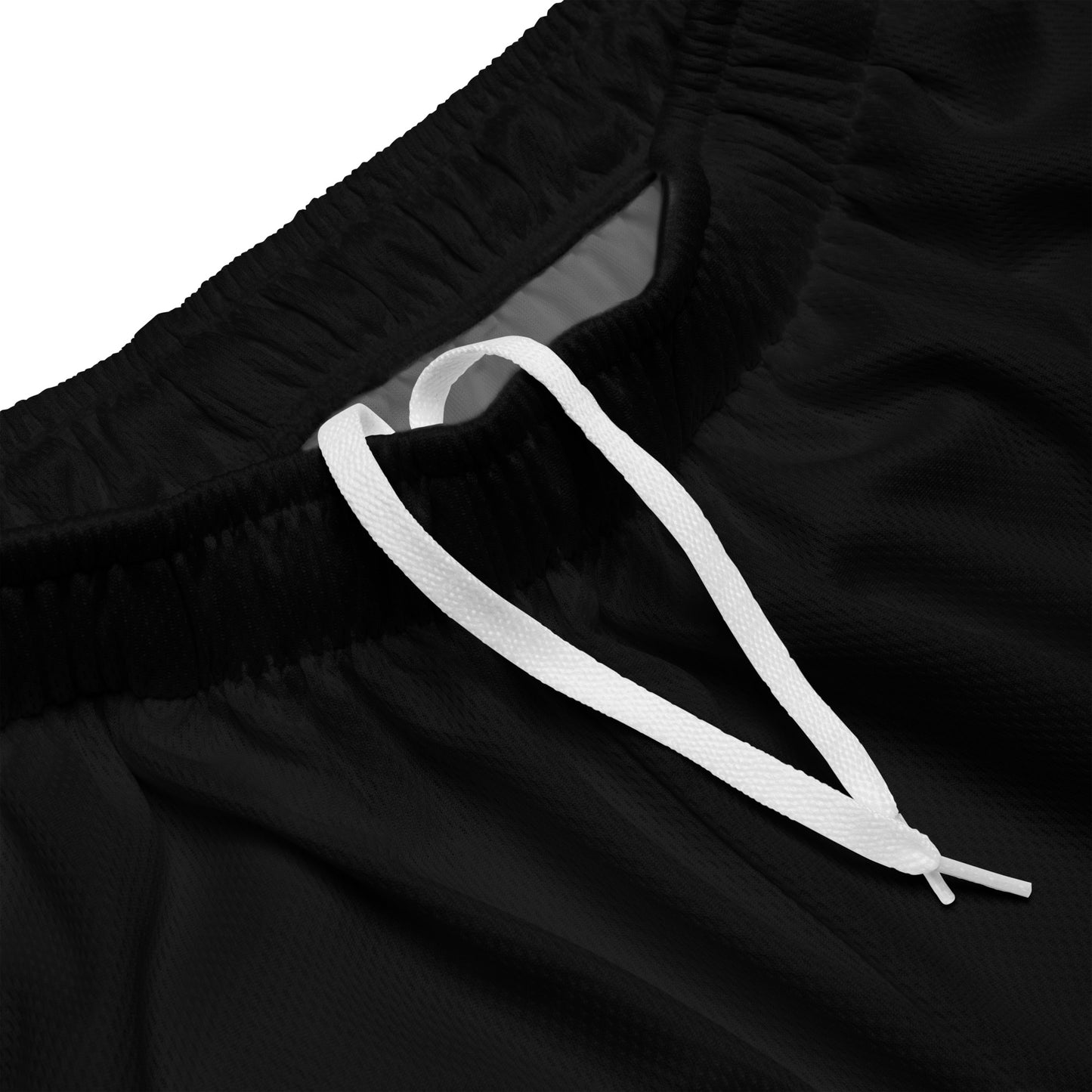 Performance mesh short drawstring and white logo on black fabric