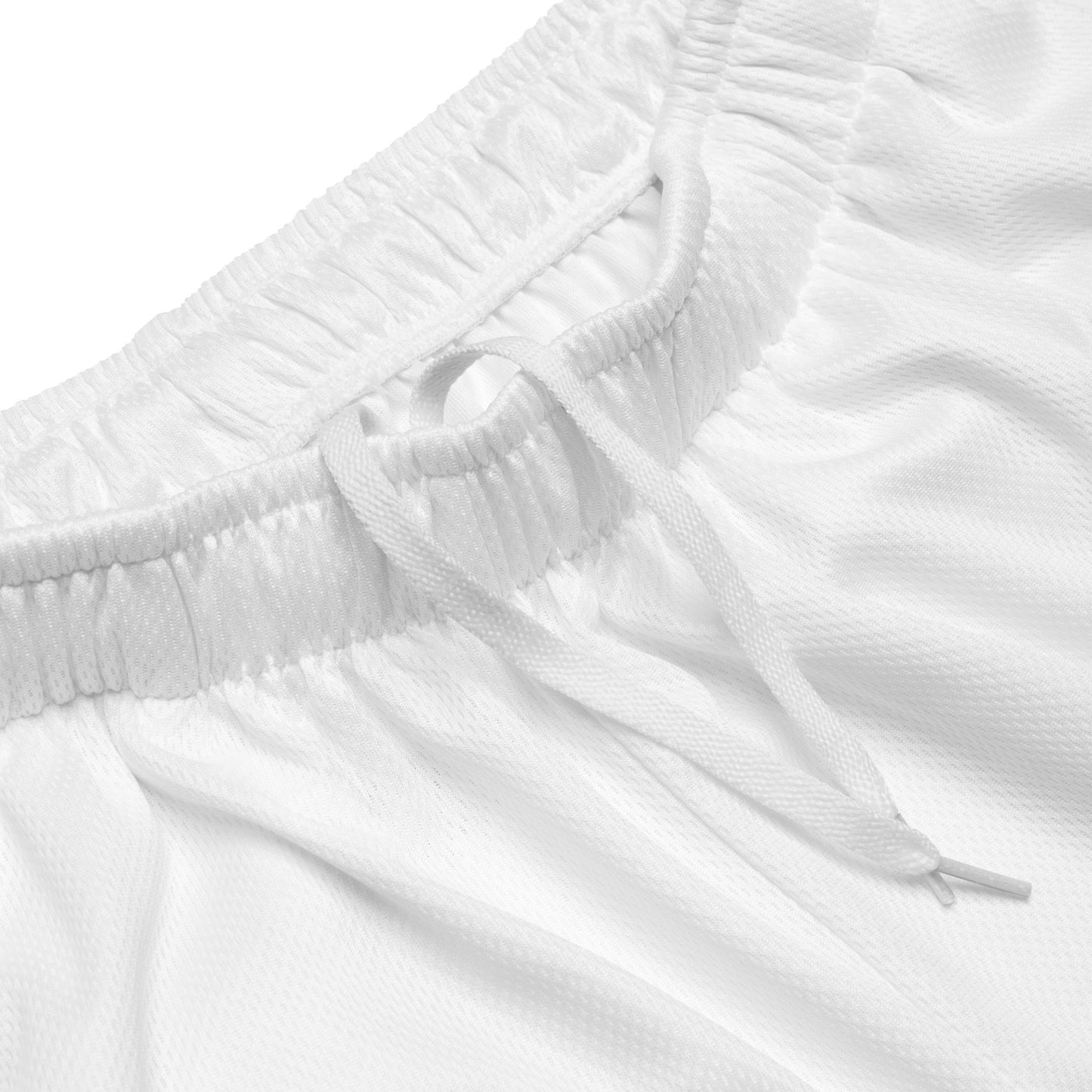 White mesh shorts closeup, elastic waistband with drawstring