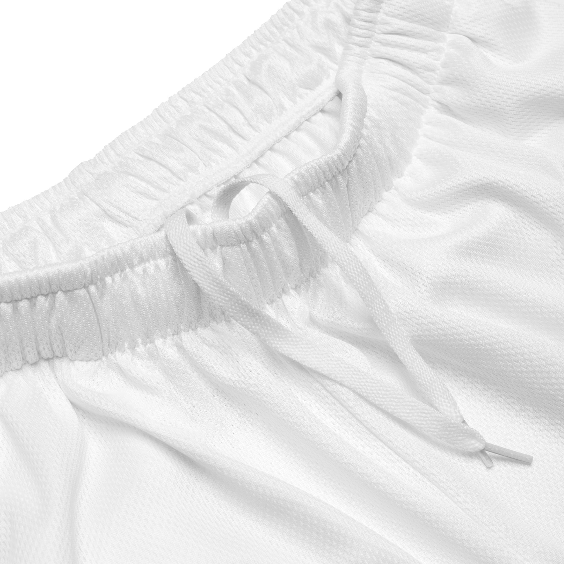 White mesh shorts closeup, elastic waistband with drawstring