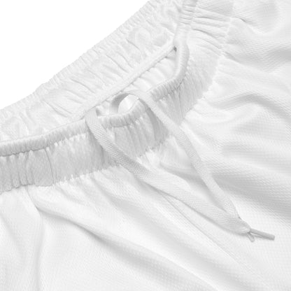 White mesh shorts closeup, elastic waistband with drawstring