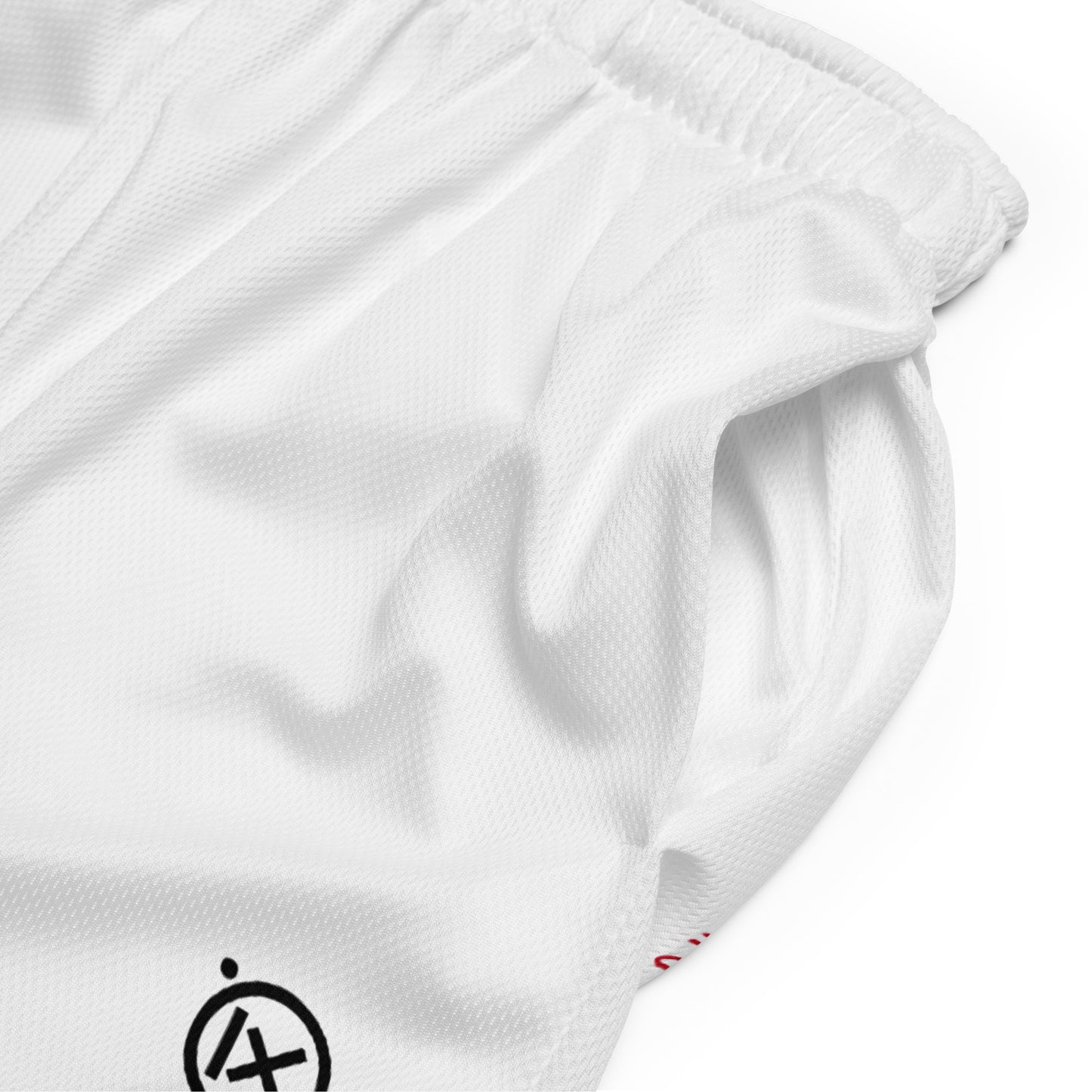 White mesh shorts fabric detail, elastic hem and black circle logo