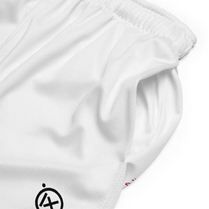 White mesh shorts fabric detail, elastic hem and black circle logo