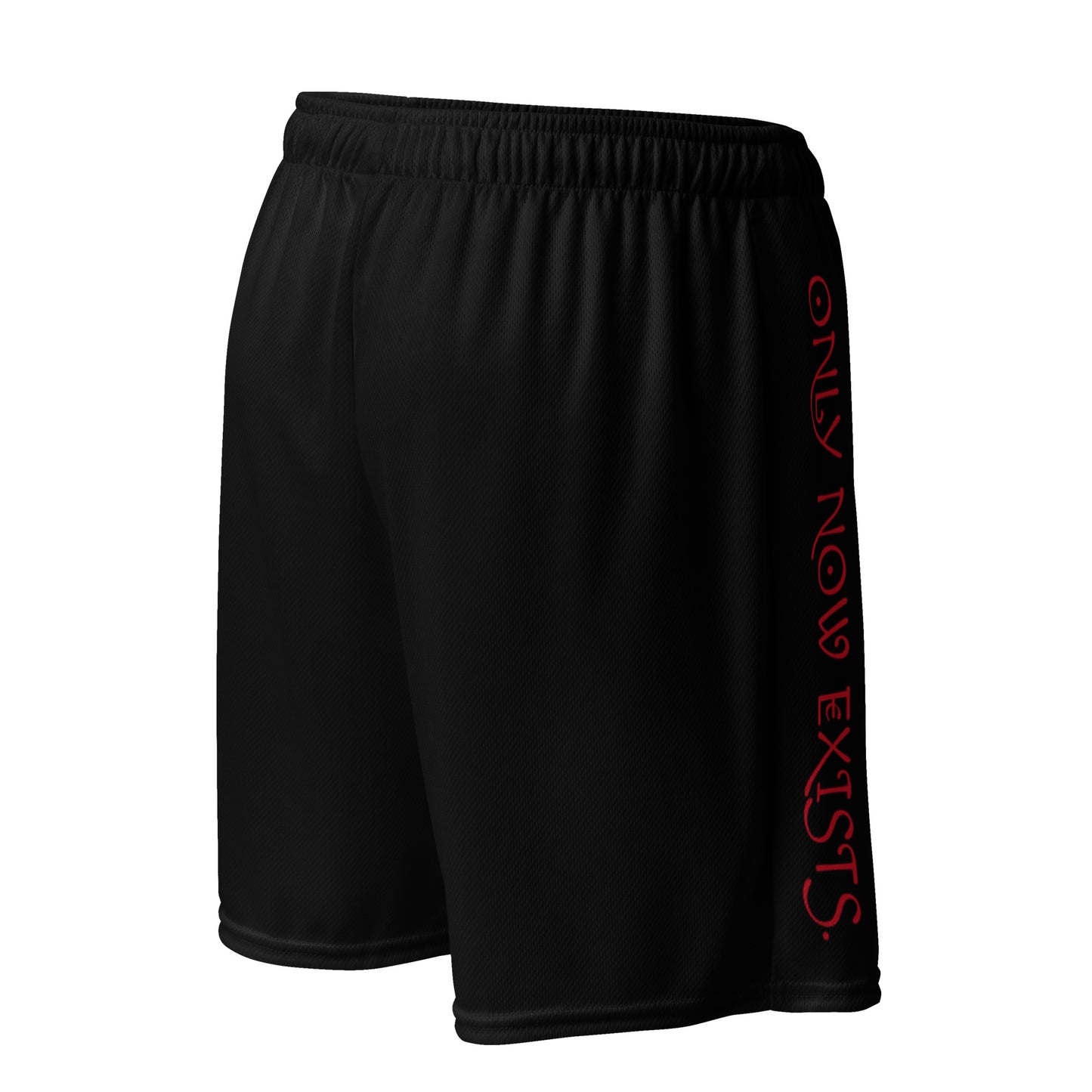 Black performance mesh short with side logo text and elastic waistband