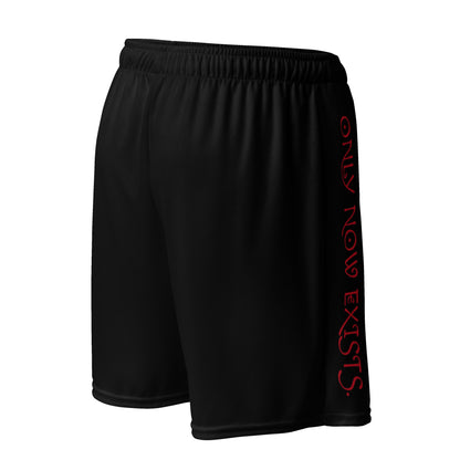 Black performance mesh short with side logo text and elastic waistband