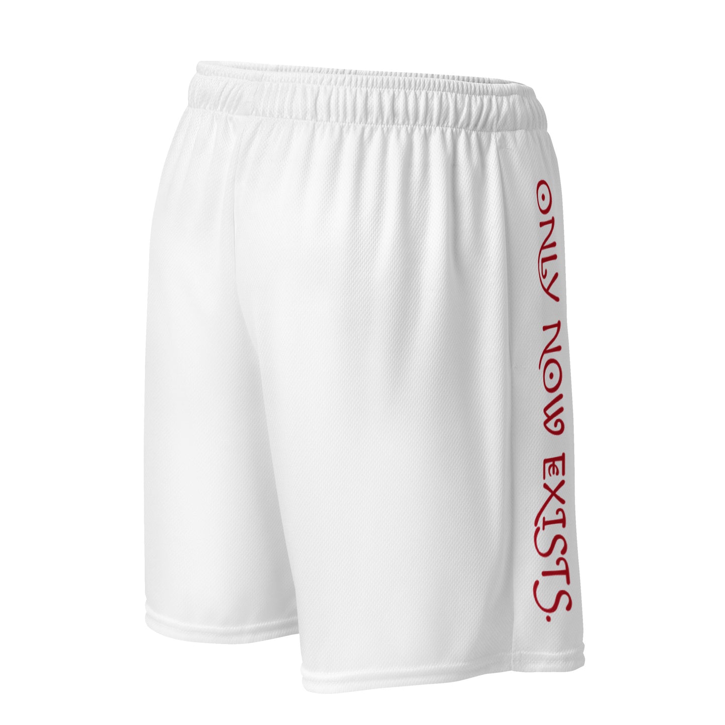 White performance mesh short back/side view with vertical red logo text