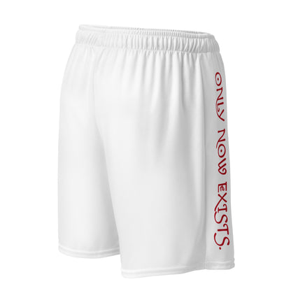 White performance mesh short back/side view with vertical red logo text