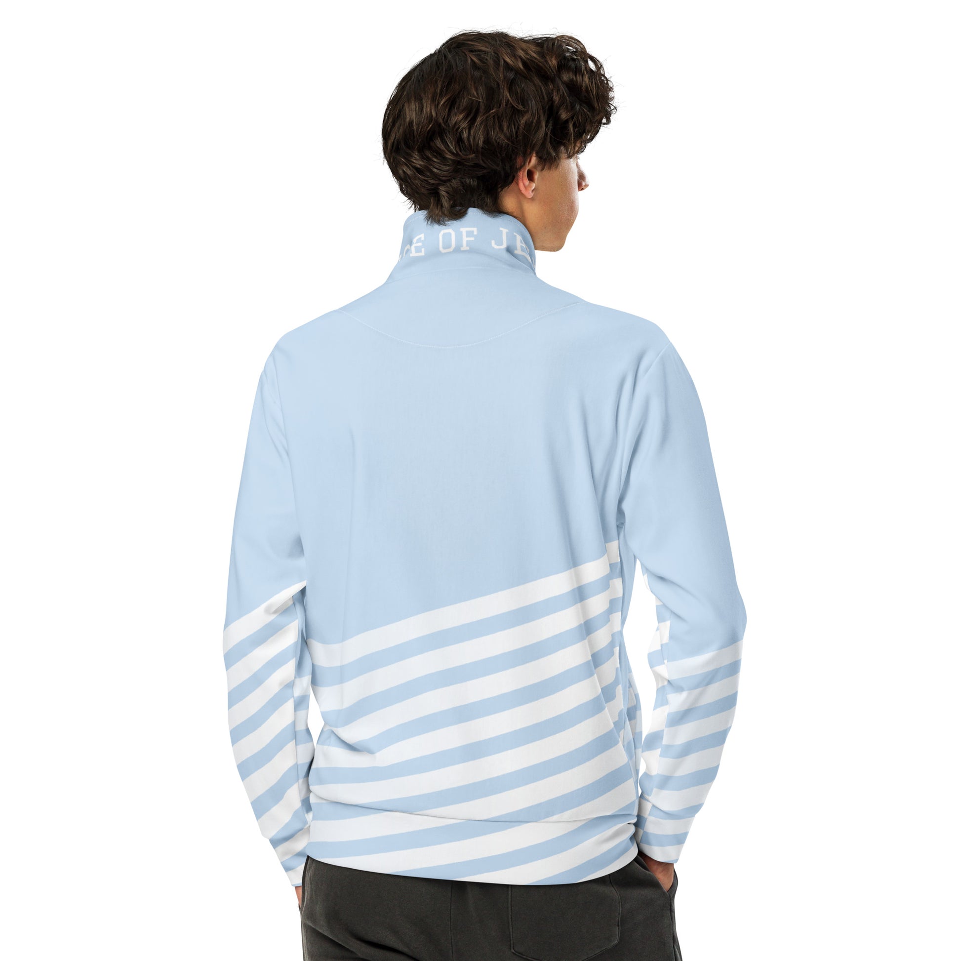 Light blue track jacket back with horizontal white stripe panel and stand collar