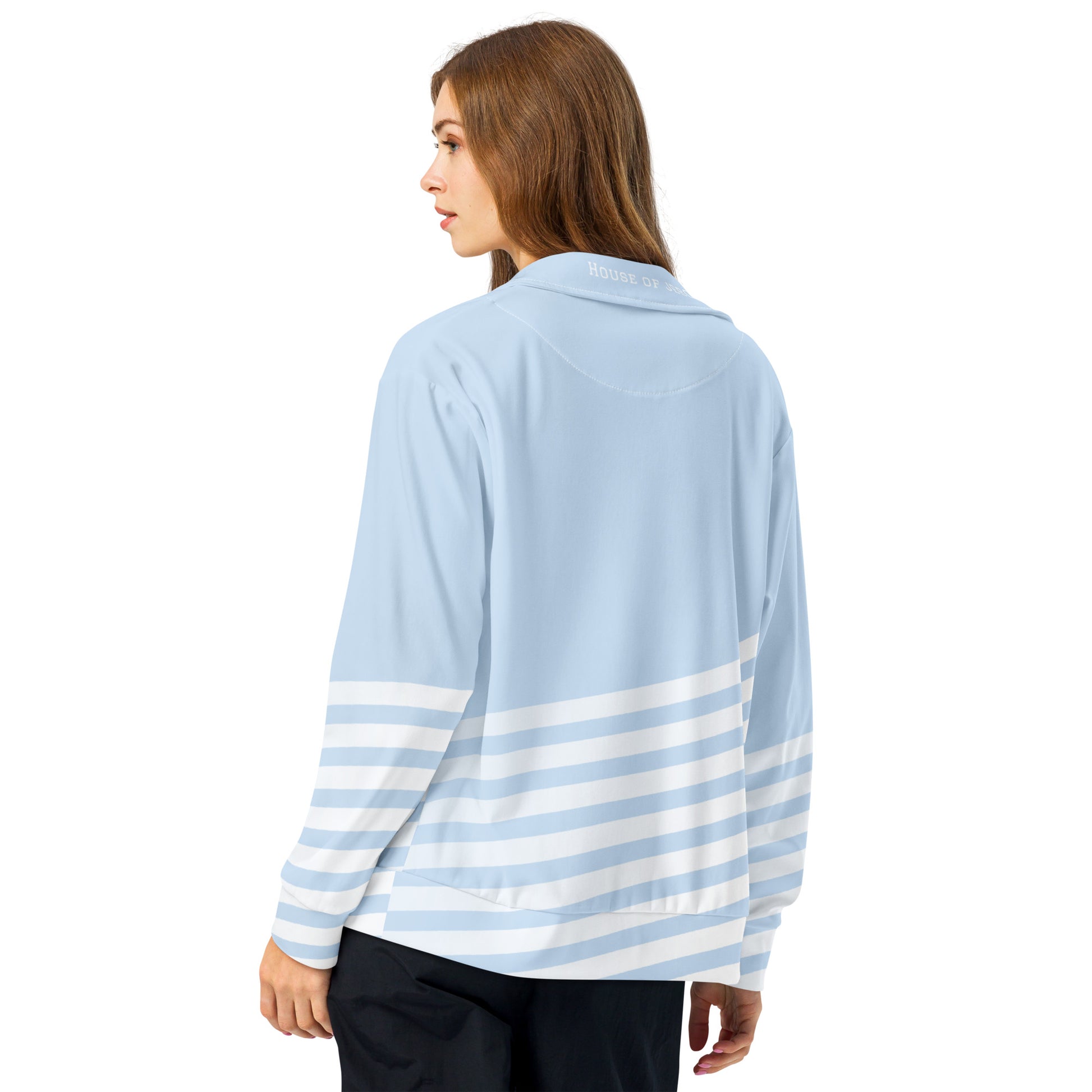Light blue track jacket back with white stripe band across lower back and zip collar