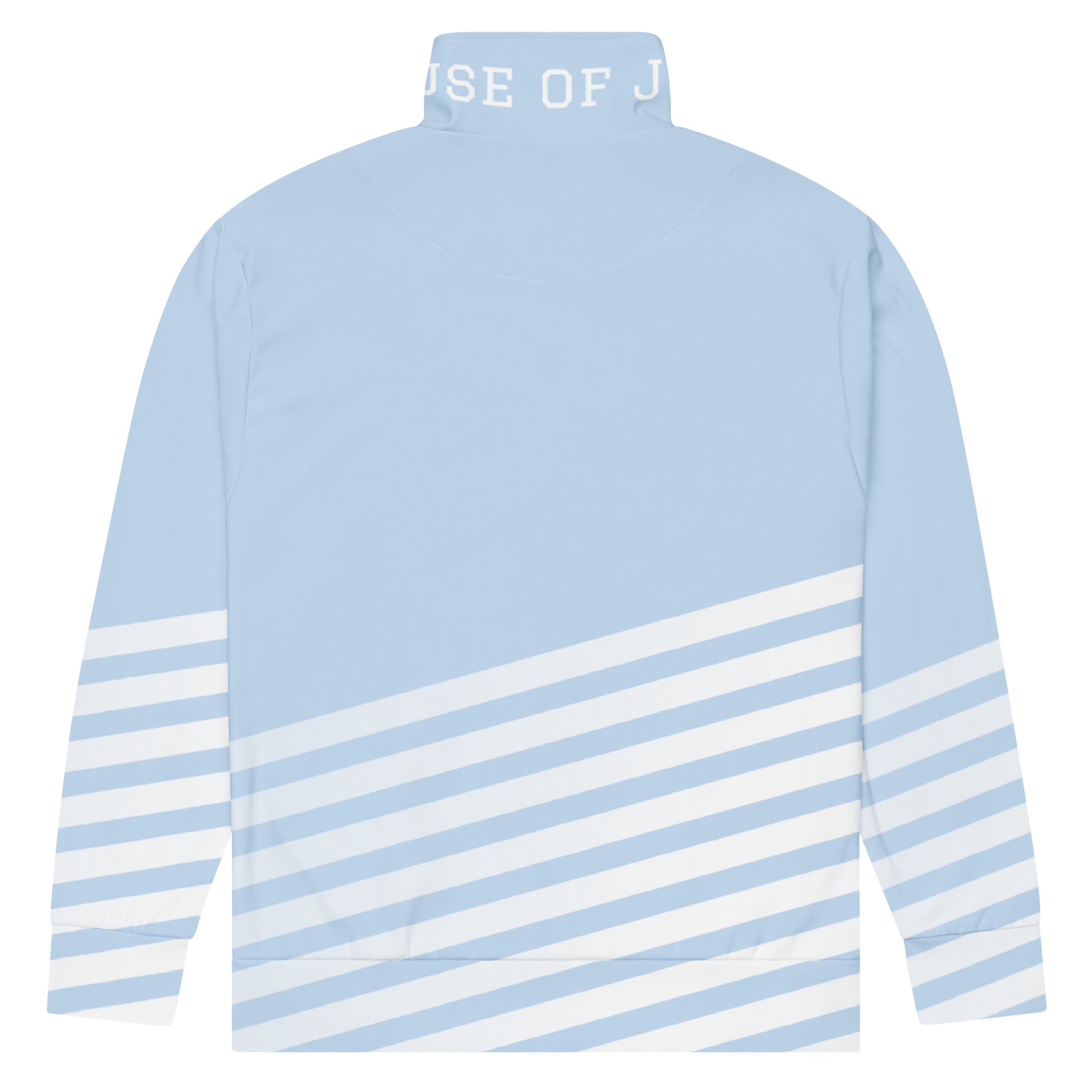 Light blue track jacket back view with horizontal stripe panel across lower back