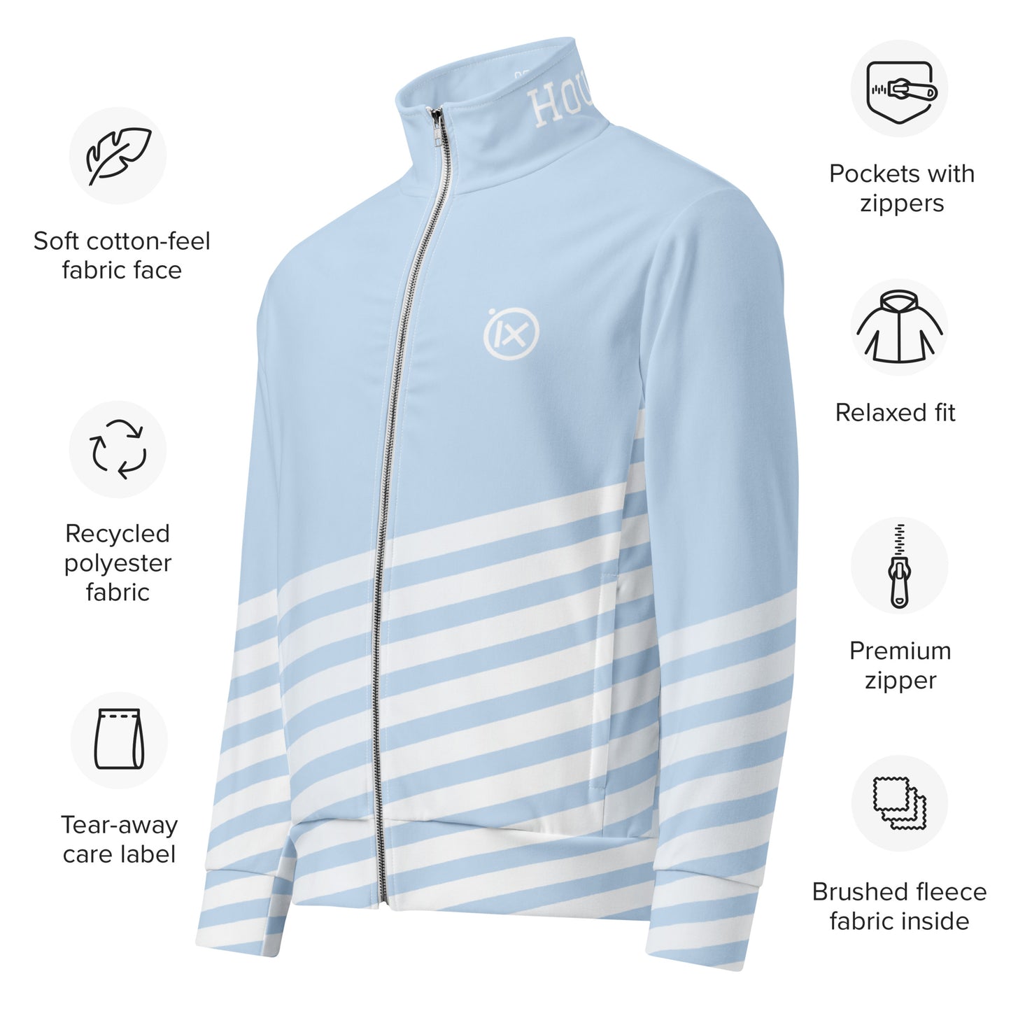 Light blue performance track jacket with full zipper and horizontal stripe design