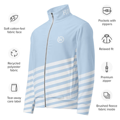 Light blue performance track jacket with full zipper and horizontal stripe design