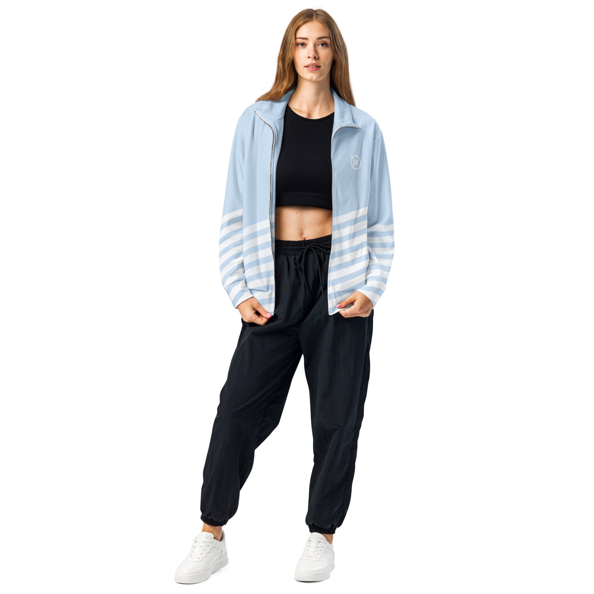 Light blue track jacket with full zip, stand collar, and white striped sleeve bands