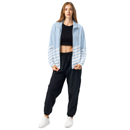 Light blue track jacket with full zip, stand collar, and white striped sleeve bands