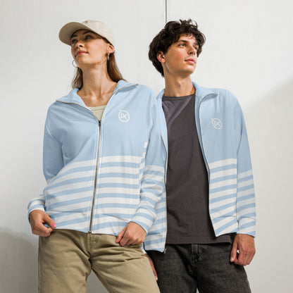 Light blue zip track jacket with white chest logo and horizontal stripe panels