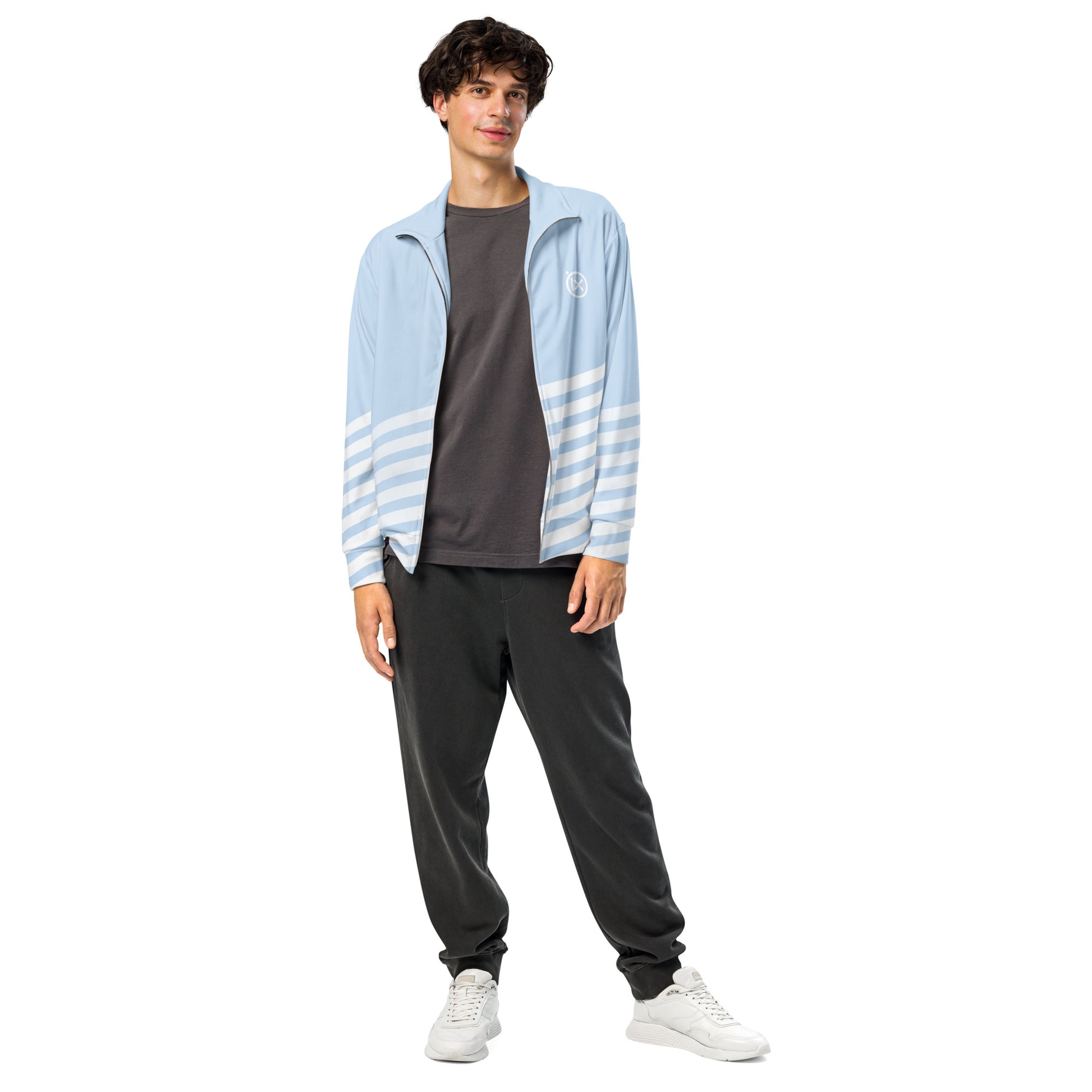 Light blue track jacket with white stripe panels, stand collar, and zip front