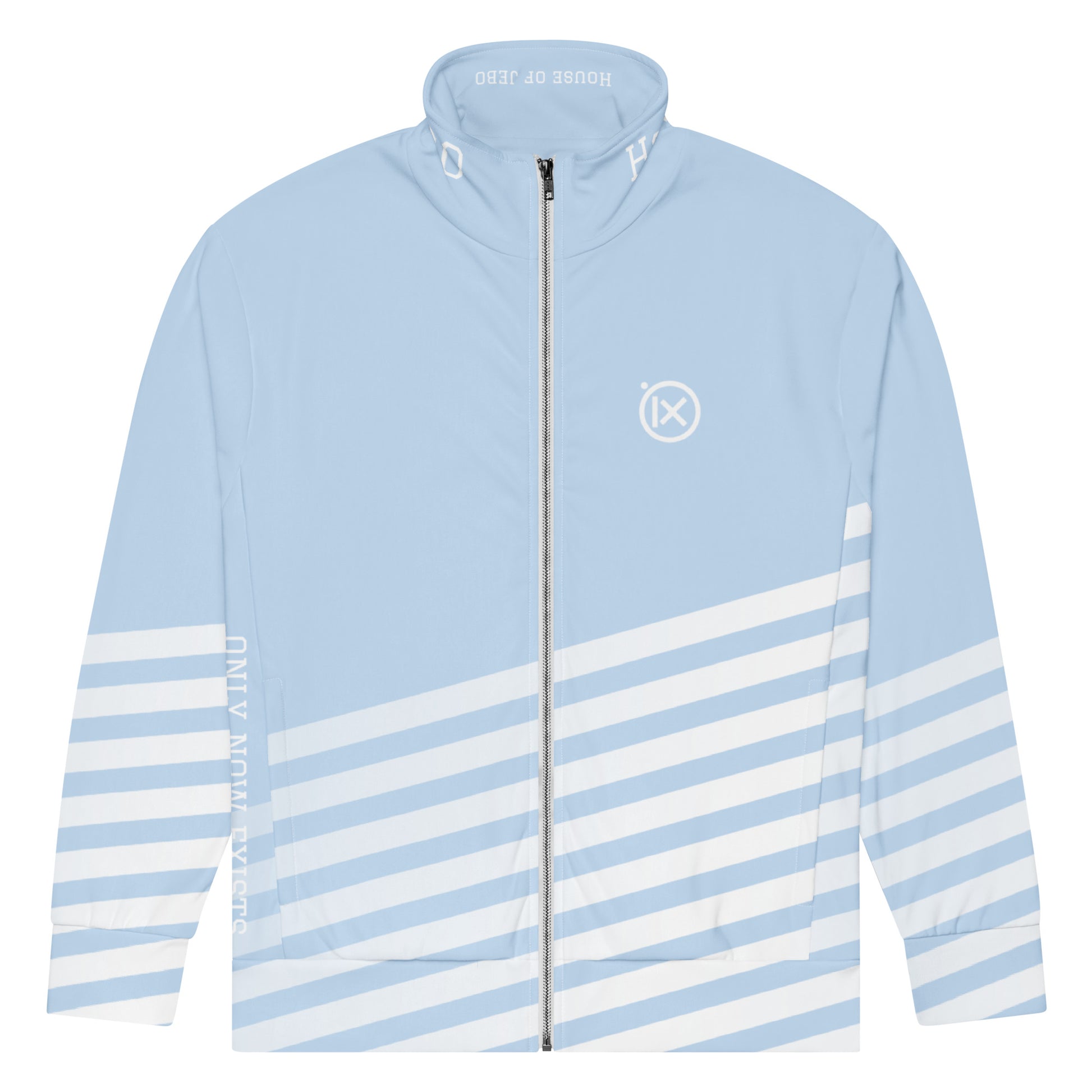 Light blue track jacket front view with full zipper and striped hem panel