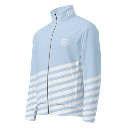 Light blue performance track jacket with full front zipper and stand collar, striped panels
