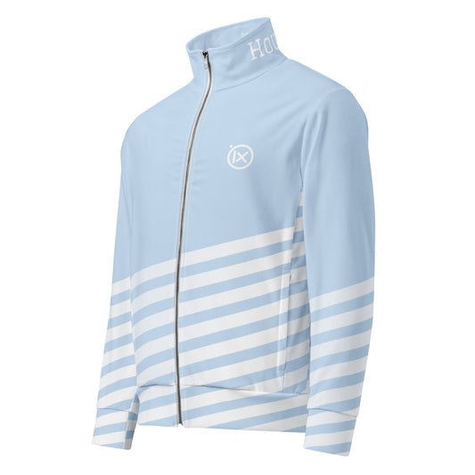 Light blue performance track jacket with full front zipper and stand collar, striped panels