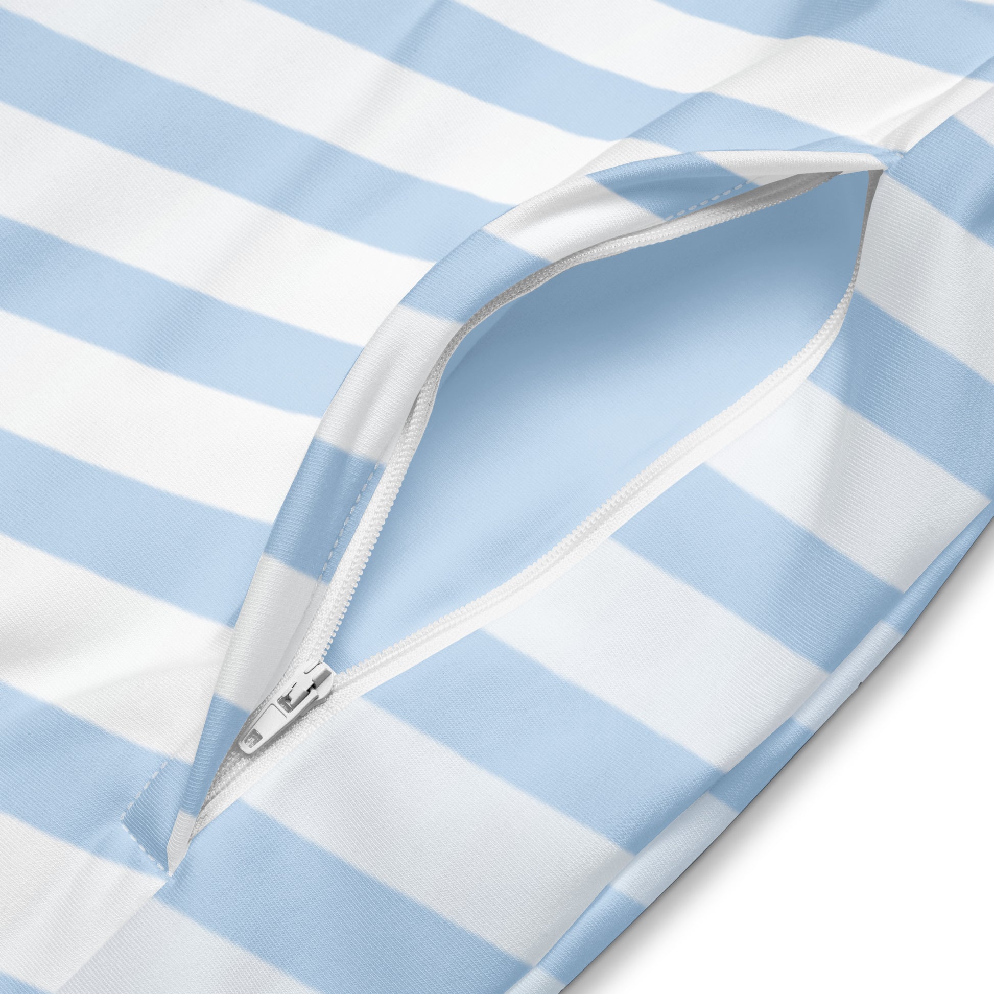 Light blue striped track jacket with curved zipper seam detail