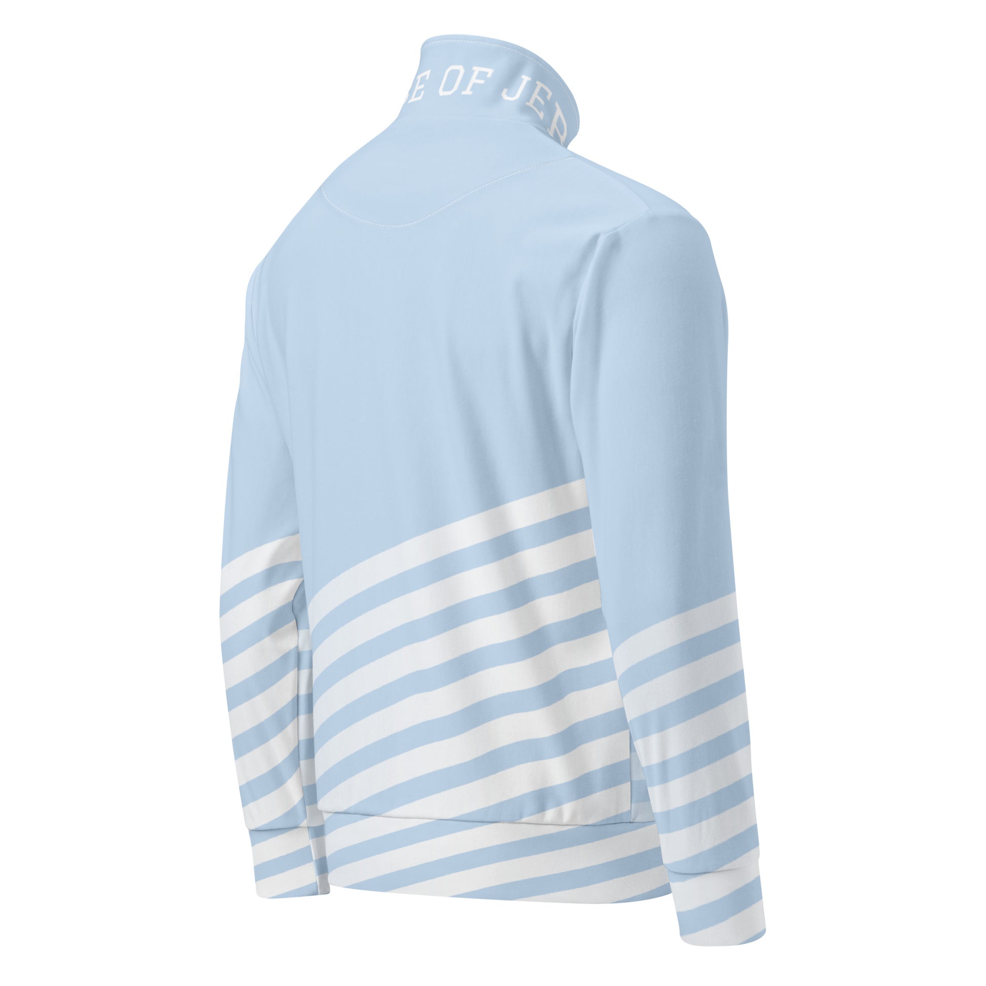 Light blue track jacket back view with striped lower section and stand collar