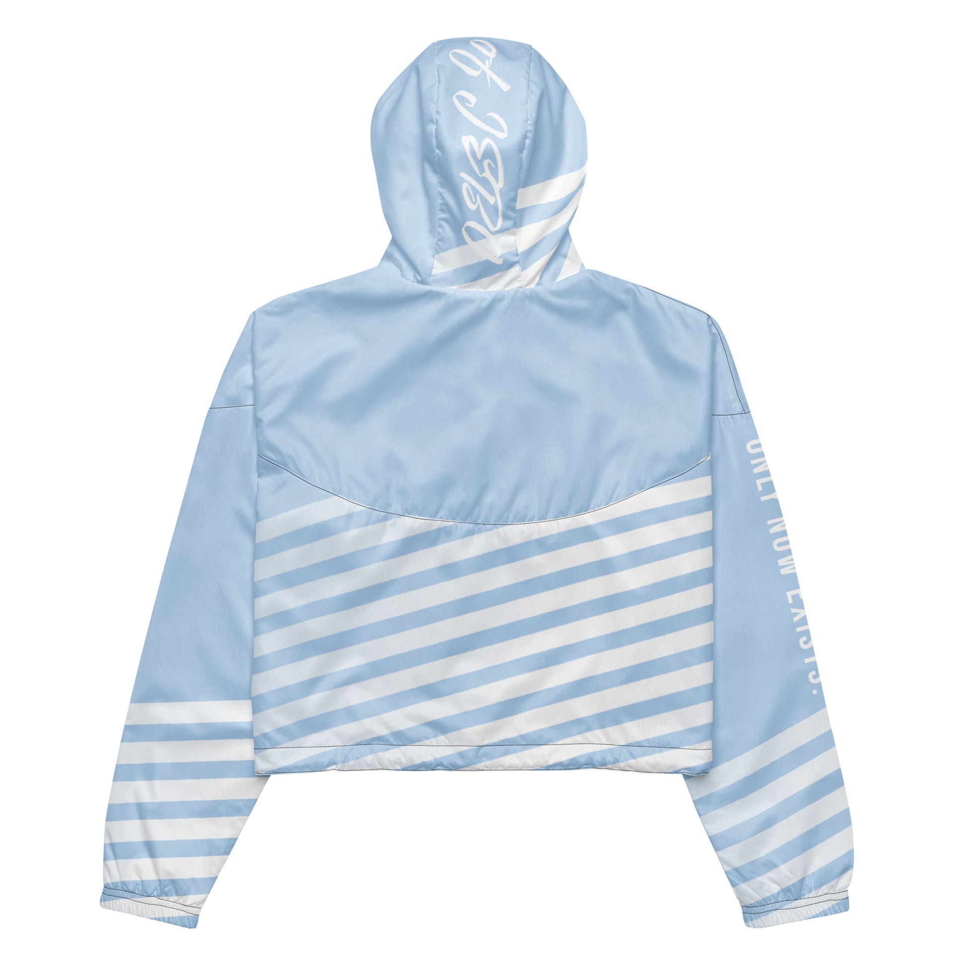 Light blue cropped windbreaker back with striped yoke and hood